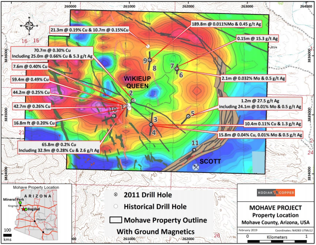 Abb 6: historische Bohrlagen und -resultate aus 2011, Quelle: Kodiak Copper&nbsp;