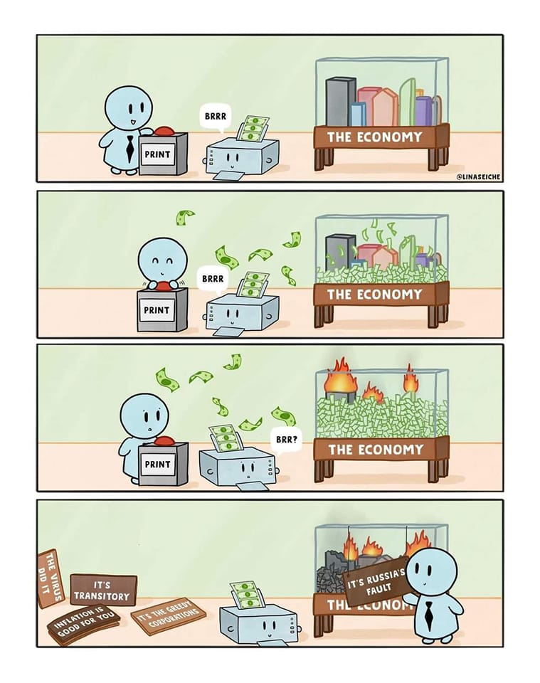 Dieser Cartoon zeigt schön, wie das Drucken von Geld die Wirtschaft zerstört und die Politik versucht neue Entschuldigungen und Sündenböcke zu finden