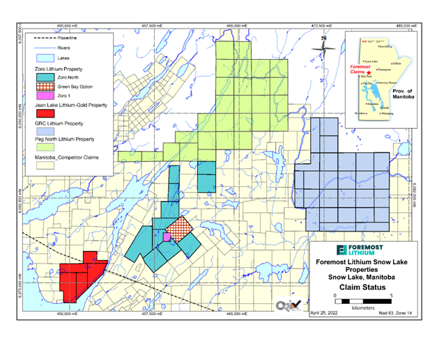 Abb 10: Karte der Claims von Foremost Lithium im Snow Lake-Revier, die das neue &bdquo;Peg North&ldquo; Lithium-Projekt sowie die Grundst&uuml;cke &bdquo;Jean Lake&ldquo;, &bdquo;Zoro&ldquo; und &bdquo;GRC&ldquo; zeigt. Foremost kontrolliert jetzt insgesamt 43.031 Acres (17.414 Hektar) in den &auml;u&szlig;erst aussichtsreichen Pegmatit-Bereichen von Snow Lake, inklusive der gesamten n&ouml;rdlichen Erweiterung der Crowduck Bay-Verwerfung. Das Lithiumprojekt &bdquo;Jol&ldquo; ist als orangener Kasten unter der Legende abgebildet, Quelle: Foremost Lithium