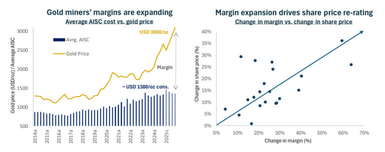 Quelle: Baker Steel interne Schätzungen, Visible Alpha, Bloomberg, Company Reports. Bitte beachten: AISC-Kosten beziehen sich auf Large-Cap Goldproduzenten (>1 Mio Unzen).